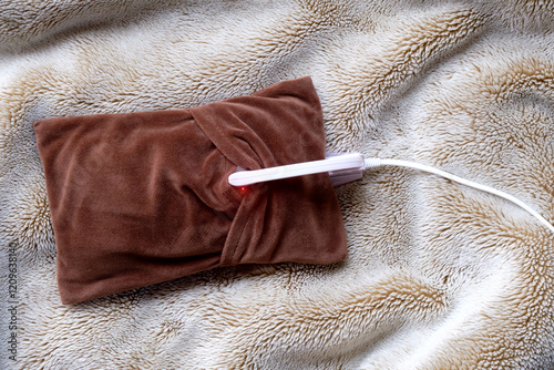 Canvas Print Heat storage hot water bottle on the blanket.