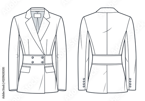 Tailored Double-Breasted Blazer technical fashion illustration. Classic Jacket with Peplum fashion flat technical drawing template, fitted, buttons, front and back view, white, women CAD mockup.