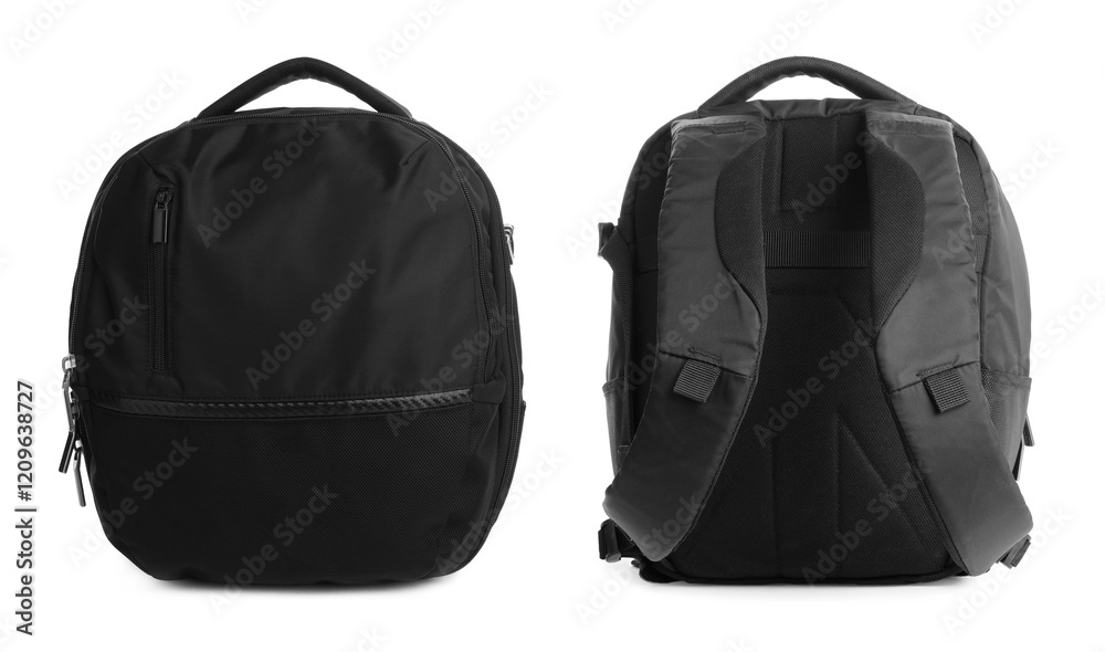Fototapeta premium Black backpack isolated on white, collage. Different sides