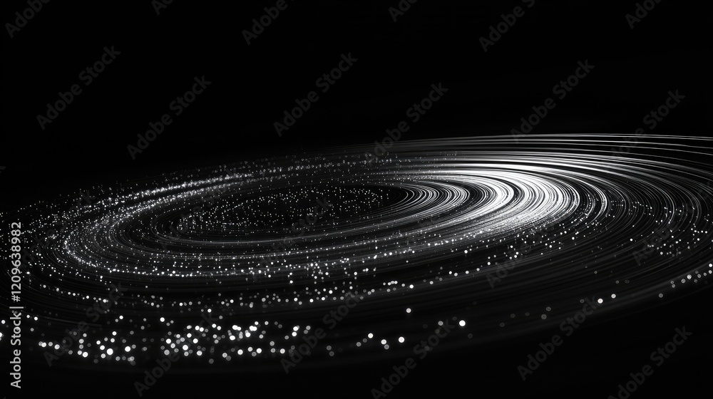 Fototapeta premium Abstract dark background featuring illuminated circular lines with particles in motion creating a dynamic digital technology ambiance in space