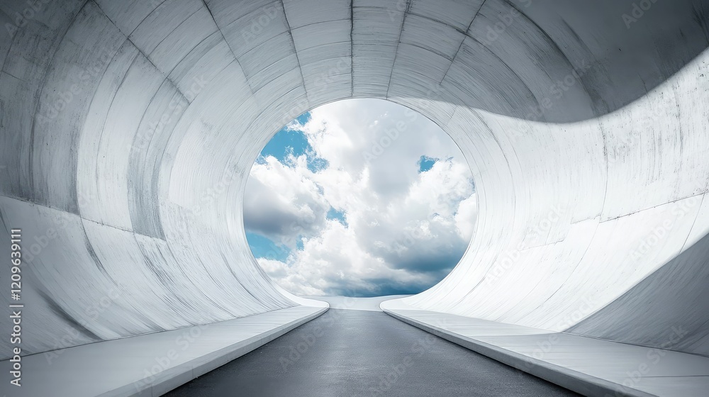 Fototapeta premium Winding road leading through a circular white tunnel revealing a bright blue sky with fluffy clouds in a surreal landscape setting
