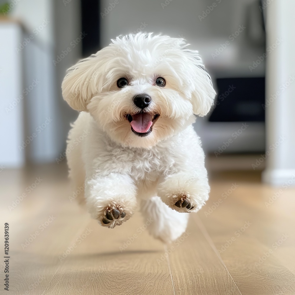 A Whimsical White Dog in a Joyful Leap; A Happy Fluffy Pet's Energetic Moment A Whimsical White Dog in a Joyful Leap; A Happy Fluffy Pet's Energetic Moment