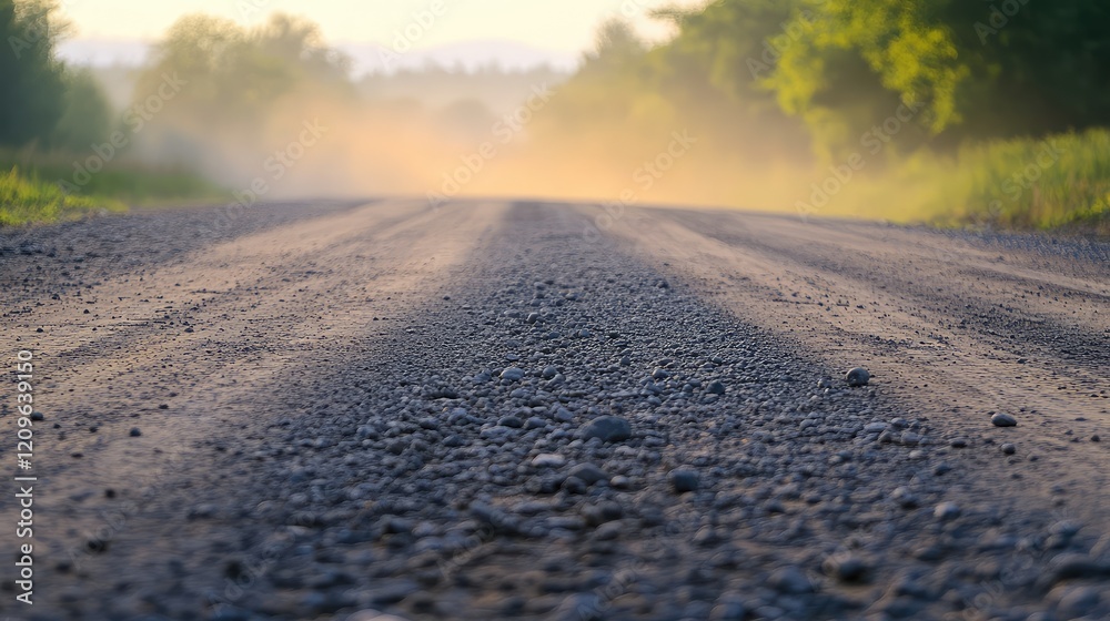 Fototapeta premium Dusty Dirt Road Transitioning from Asphalt at Dawn with Soft Morning Fog and Green Surrounding Trees in a Rural Landscape