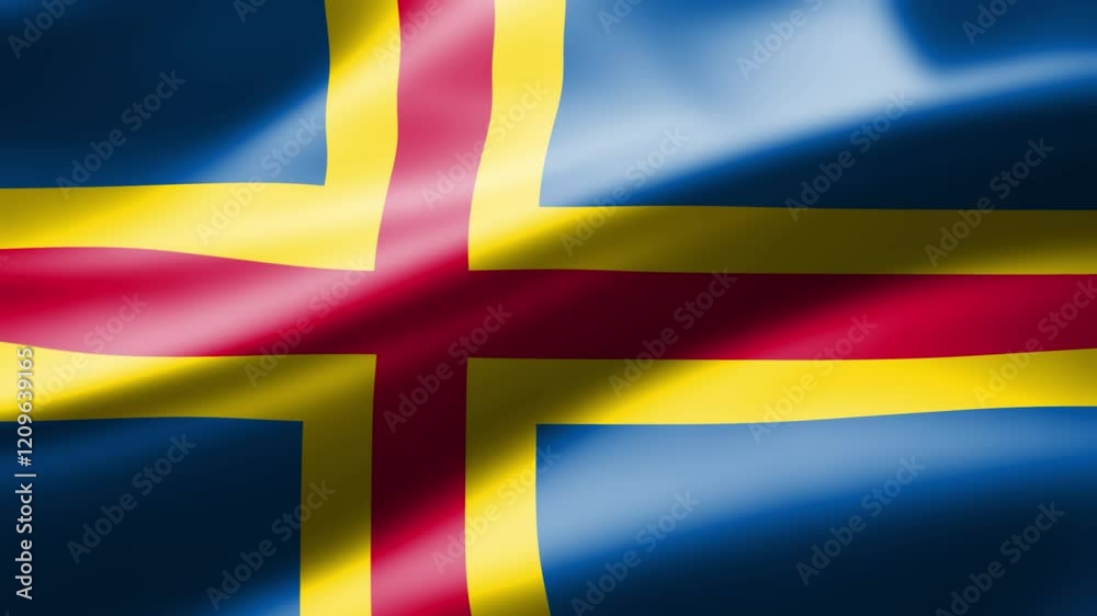 Aland Islands flag in close up moves in waves in the wind