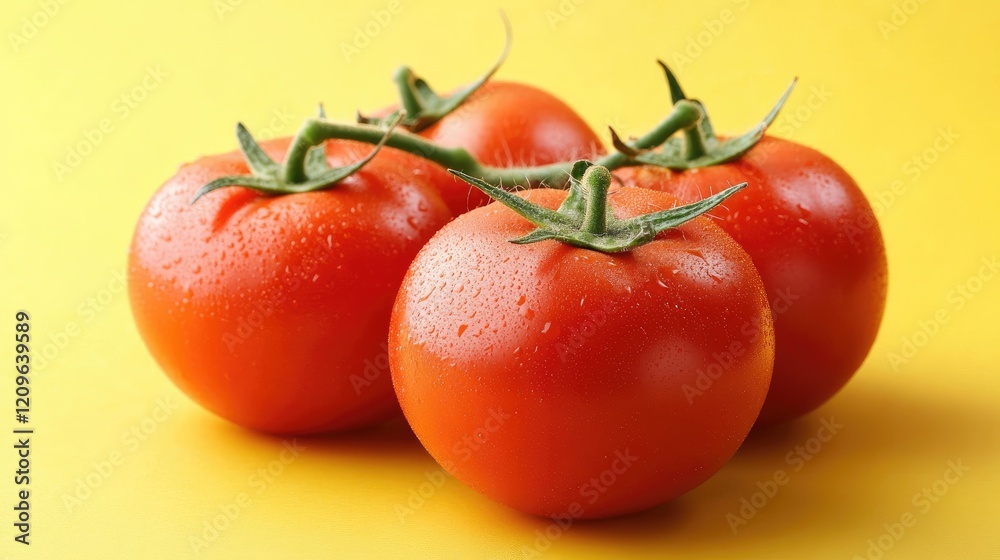 Ripe tomatoes with droplets of water on vibrant yellow background showcasing freshness and color in produce photography Ripe tomatoes with droplets of water on vibrant yellow background showcasing freshness and color in produce photography
