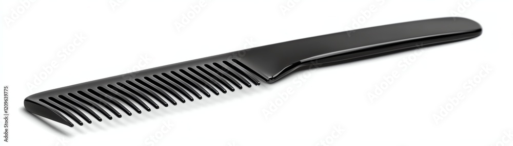 A sleek black comb on a white isolated background for grooming and styling. A sleek black comb on a white isolated background for grooming and styling.