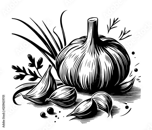 garlic vector illustration with cloves and artistic engraving style