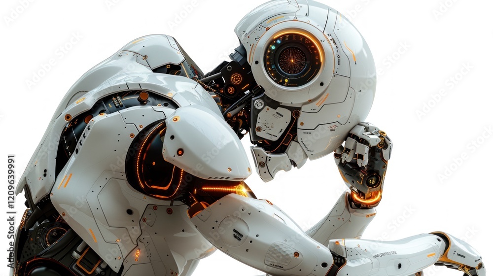 Fototapeta premium Ai robot thinking, side view, isolated on transparent background.
