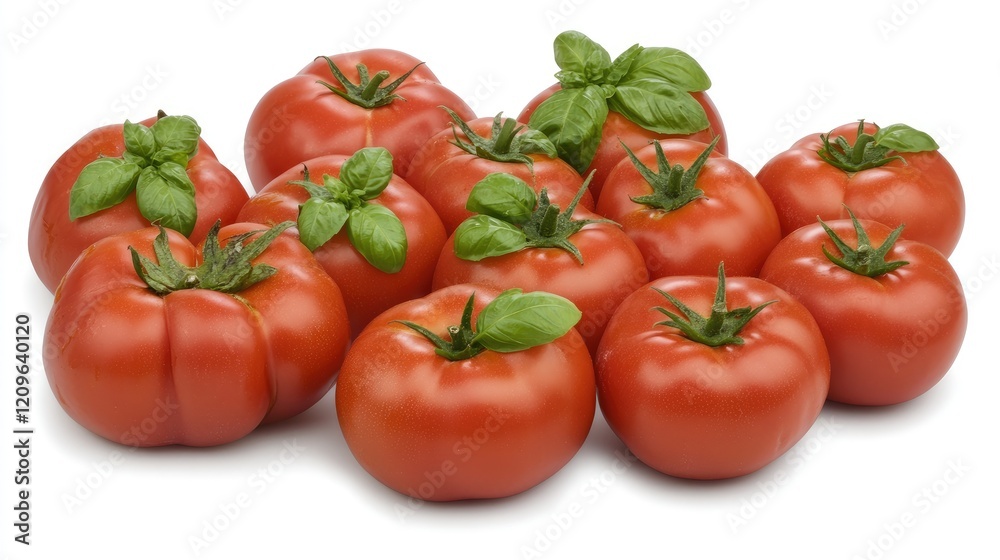 Fresh Ripe Red Tomatoes Decorated with Vibrant Basil Leaves on a White Background Fresh Ripe Red Tomatoes Decorated with Vibrant Basil Leaves on a White Background