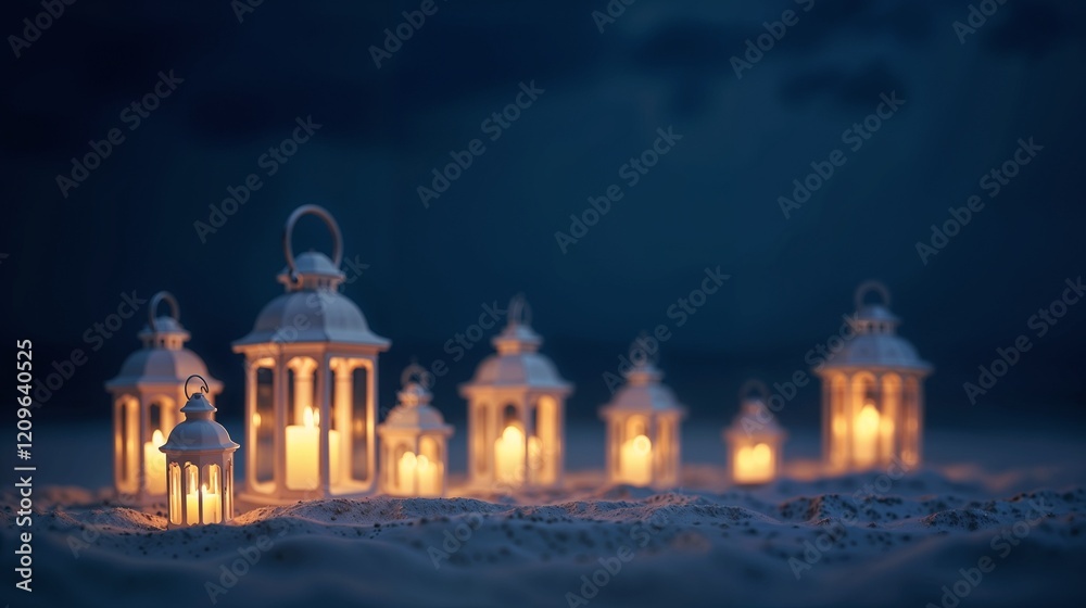 Fototapeta premium Soft glow of lanterns illuminating a serene evening on a sandy beach