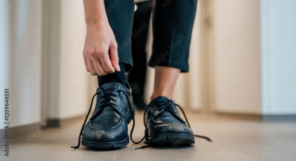 Young asian male adjusting black dress shoes in modern room Young asian male adjusting black dress shoes in modern room