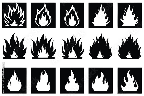 Fire flames silhouette. Flaming campfire, hot inferno flame shape. Simple vector illustration icons set