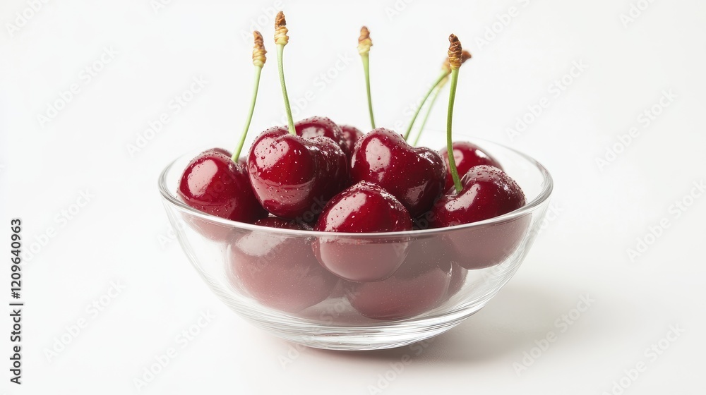 Fresh ripe red cherries in a glass bowl with stems isolated on white background showcasing natural freshness and vibrant colors Fresh ripe red cherries in a glass bowl with stems isolated on white background showcasing natural freshness and vibrant colors
