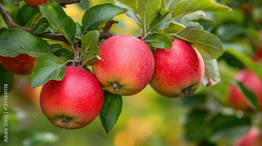 Fresh red apples on tree branches surrounded by vibrant green leaves in a sunny orchard setting showcasing seasonal harvest beauty Fresh red apples on tree branches surrounded by vibrant green leaves in a sunny orchard setting showcasing seasonal harvest beauty