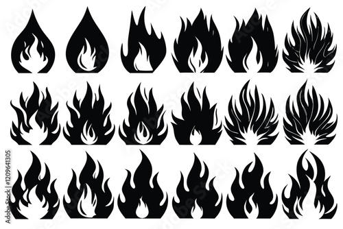 Fire flames silhouette. Flaming campfire, hot inferno flame shape. Simple vector illustration icons set
