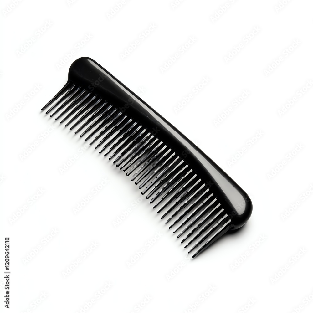 Black hair comb on white background, essential grooming tool. Black hair comb on white background, essential grooming tool.