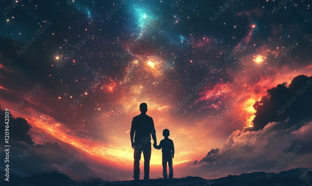 Father and child silhouetted against cosmic, colorful sky. Father and child silhouetted against cosmic, colorful sky.