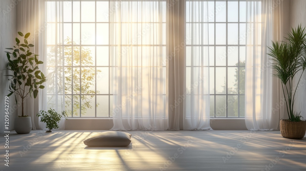 Sunlit room with large windows, plants, and meditation cushion. Sunlit room with large windows, plants, and meditation cushion.