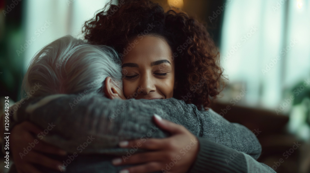 Fototapeta premium Young woman embracing elderly woman, both smiling warmly.