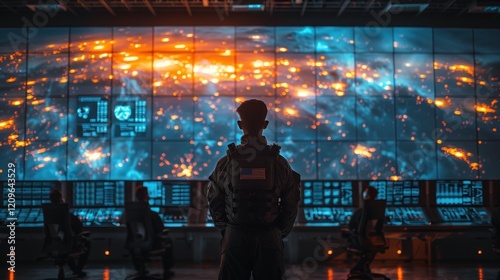 Military staff in a high tech command post work on intelligence gathering, integrating real time surveillance and maintaining security protocols.