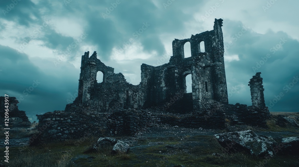 Obraz premium Ancient ruins under a dramatic cloudy sky showcasing historical architecture and rugged terrain in a moody landscape setting