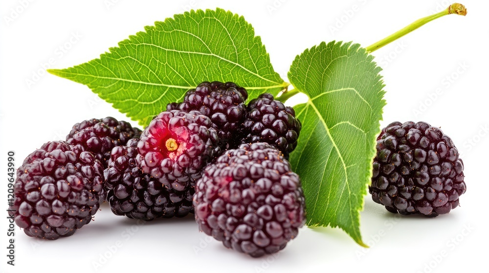 Ripe mulberries with lush green leaves arranged on a bright white background showcasing their rich texture and color Ripe mulberries with lush green leaves arranged on a bright white background showcasing their rich texture and color