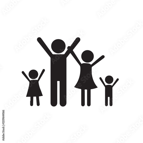 A minimalistic black silhouette of a happy family of four, with two taller parent figures and two smaller child figures