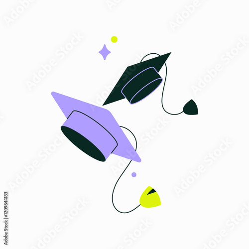 Two Graduation Caps With Tassels In Flat Vector Illustration Symbolizing Academic Success And Celebration, Isolated On White Background