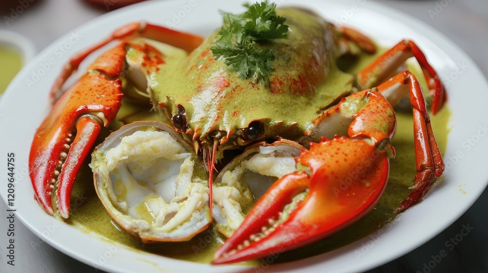 Seafood Dish Featuring Crab in Green Curry Served on a White Plate Garnished with Fresh Herbs Seafood Dish Featuring Crab in Green Curry Served on a White Plate Garnished with Fresh Herbs