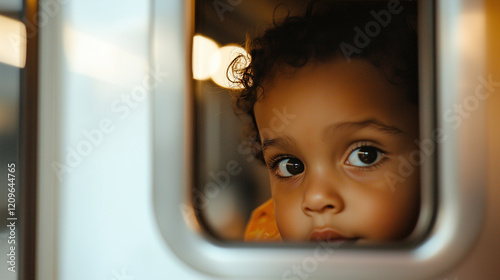 Child Watching Through Subway Window With Tunnel Lights Reflection photo