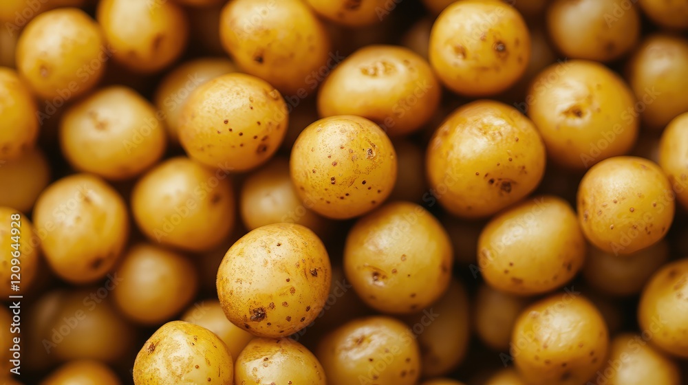 Close-up top view of golden roasted small potatoes arranged in a natural pattern with earthy tones showcasing texture and detail. Close-up top view of golden roasted small potatoes arranged in a natural pattern with earthy tones showcasing texture and detail.