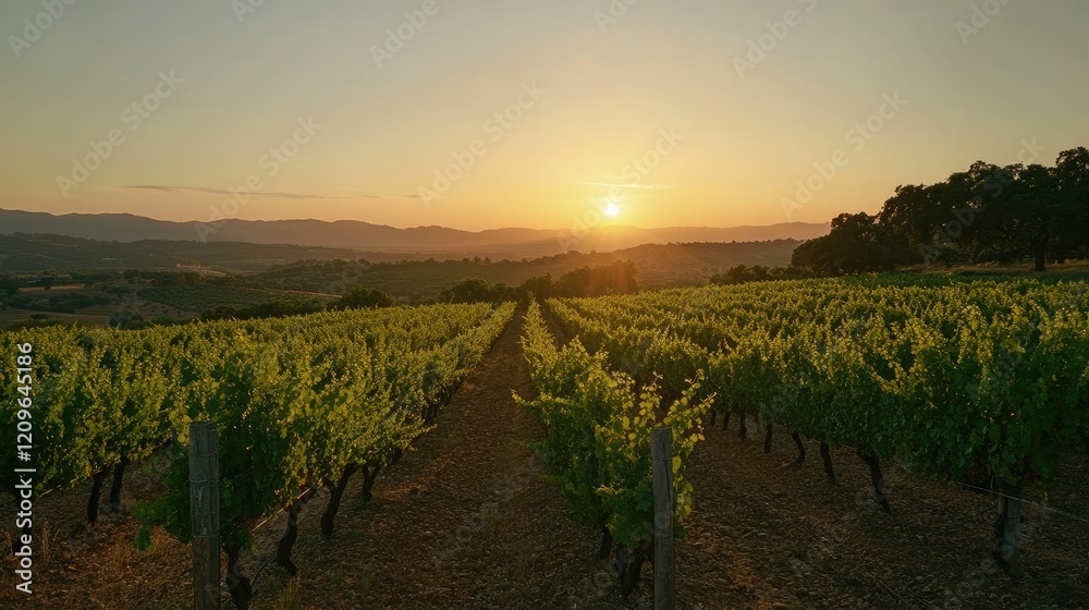 Naklejka premium Vibrant vineyard with ripe grapes under a stunning sunset casting warm hues over rolling hills and lush greenery