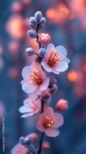 Delicate pink blossoms on a branch, soft focus background.