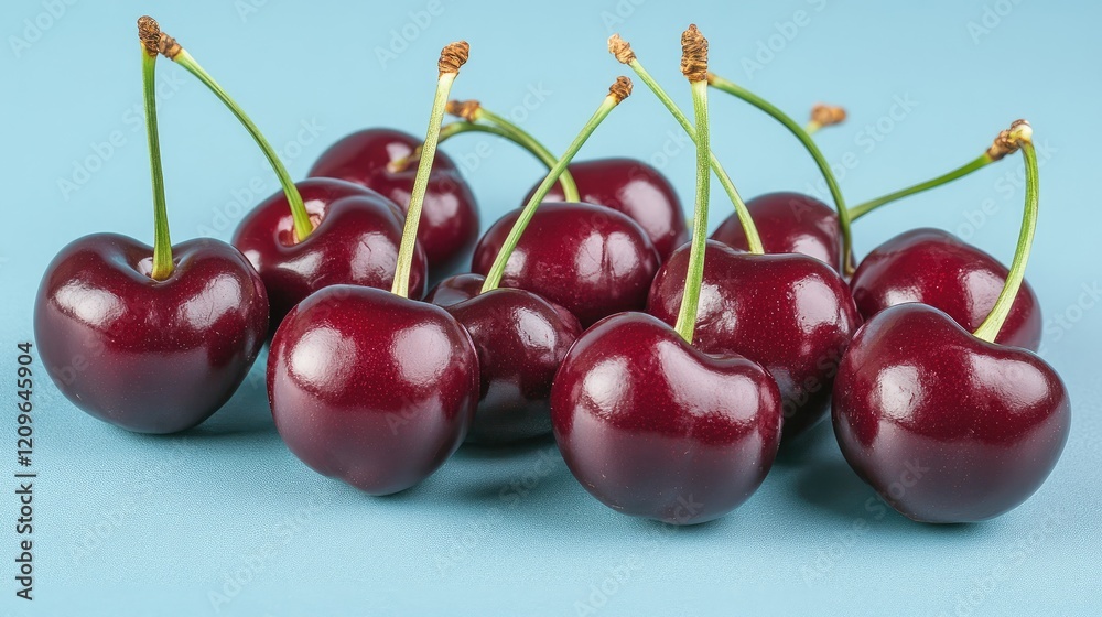 Ripe succulent cherries beautifully displayed on a soft blue backdrop showcasing vibrant colors and freshness. Ripe succulent cherries beautifully displayed on a soft blue backdrop showcasing vibrant colors and freshness.