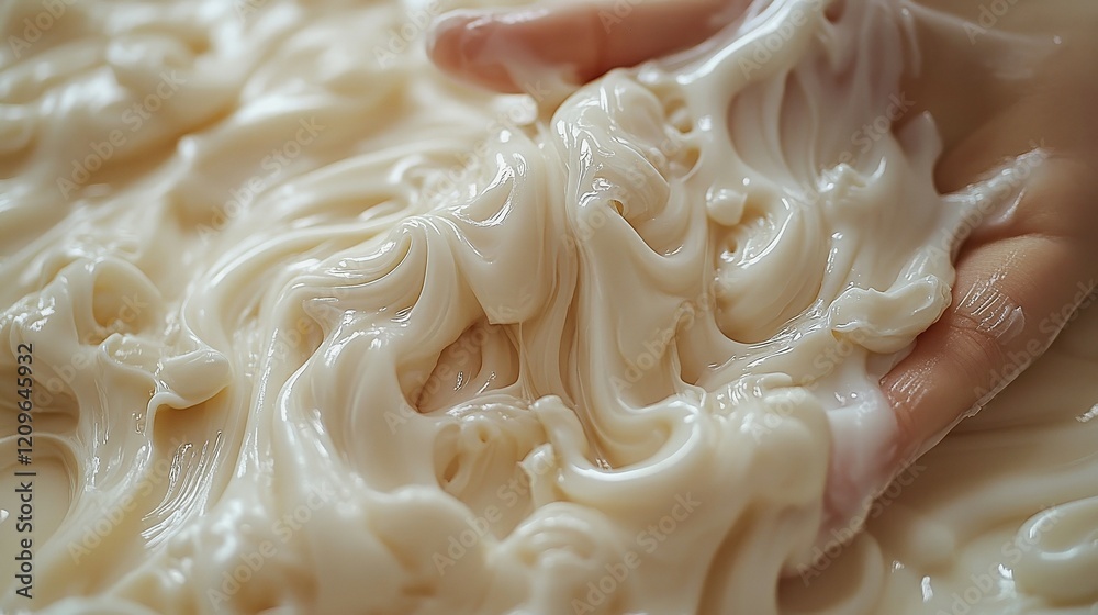 Macro view of rich white cream being swirled onto the hand skin Macro view of rich white cream being swirled onto the hand skin