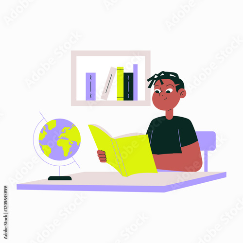 Male Student Reading A Book In Flat Vector Illustration Symbolizing Knowledge, Education, And Learning, Isolated On White Background