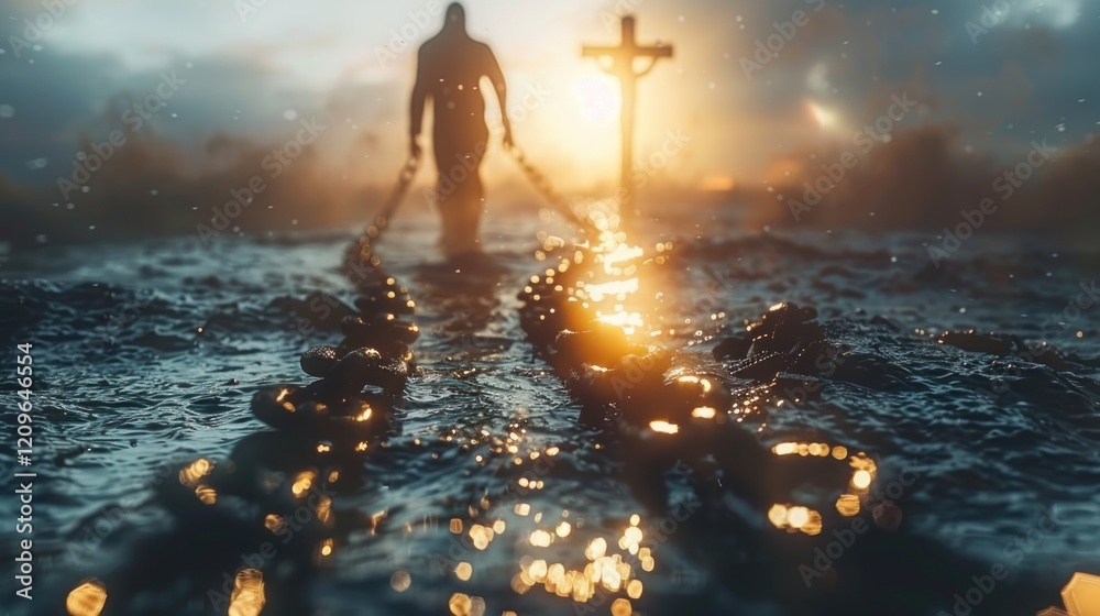 Salvation concept, man breaking from chains of sins, emerging into a bright and hopeful future. christian cross on the top, saved by religion.