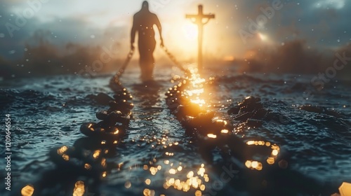 Salvation concept, man breaking from chains of sins, emerging into a bright and hopeful future. christian cross on the top, saved by religion.