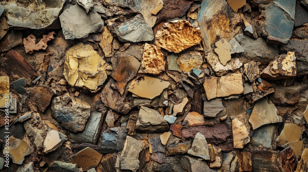 Rough, fragmented stone wall with various shapes and colors. Rough, fragmented stone wall with various shapes and colors.