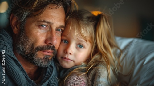 Close-Up Portrait of Father and Daughter Looking at Camera at Home photo