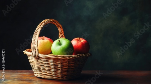 Wallpaper Mural Freshly harvested apples in a rustic basket placed on a wooden table with a dark vintage background showcasing vibrant colors and textures Torontodigital.ca