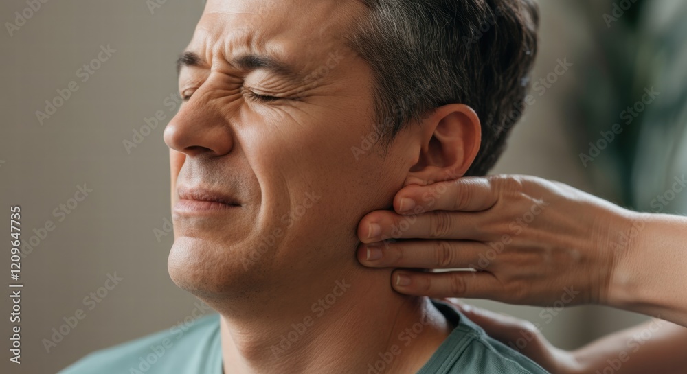 Caucasian male adult experiencing neck pain and discomfort with therapist's assistance Caucasian male adult experiencing neck pain and discomfort with therapist's assistance