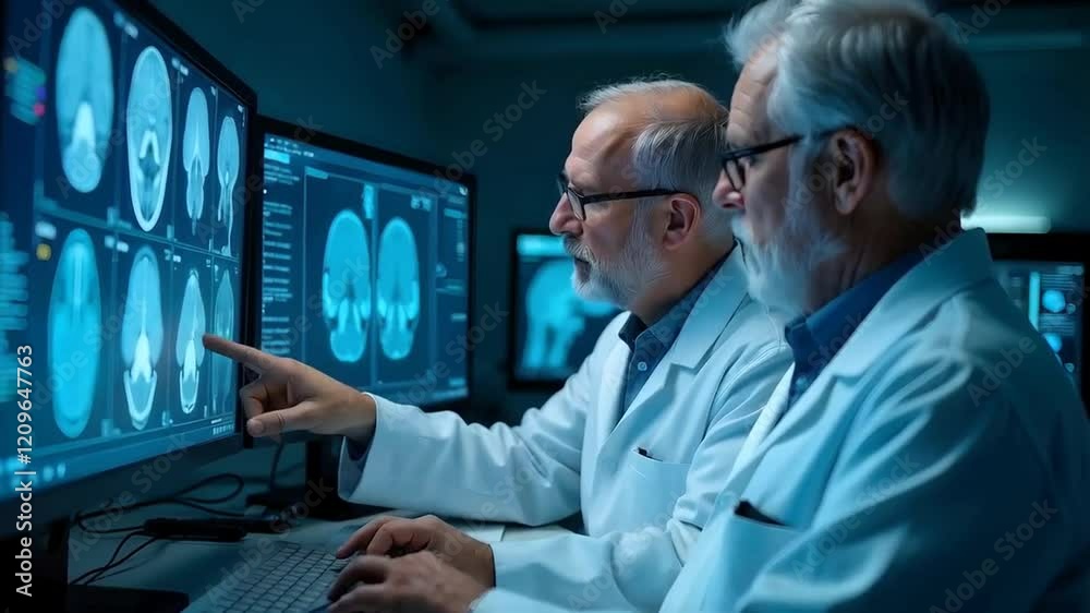Medical professionals reviewing detailed brain scan images on various computer monitors Medical professionals reviewing detailed brain scan images on various computer monitors