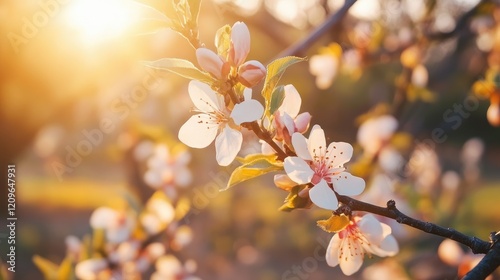 Blooming Almond Tree Branch with Delicate Flowers Illuminated by Soft Sunset Light