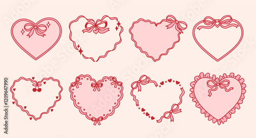 Set of ribbon heart frames decorated coquette pretty charming bows, hearts, stars, cherry, lace. Holiday trendy borders. Vintage elements for greeting cards, wedding, invitations, social media, party