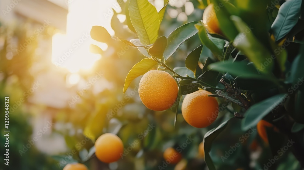 Lush orange tree with ripe oranges illuminated by sunlight in a serene garden setting. Lush orange tree with ripe oranges illuminated by sunlight in a serene garden setting.