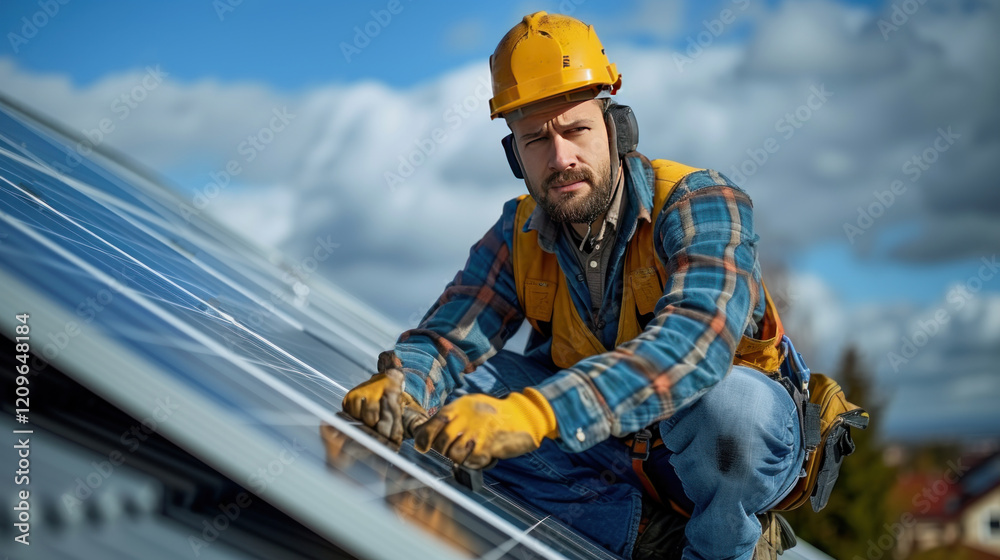 Worker building photovoltaic solar panel system on rooftop of house. Man engineer in helmets and gloves installing solar module with help of hex key outdoors.