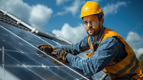 Worker building photovoltaic solar panel system on rooftop of house. Man engineer in helmets and gloves installing solar module with help of hex key outdoors.