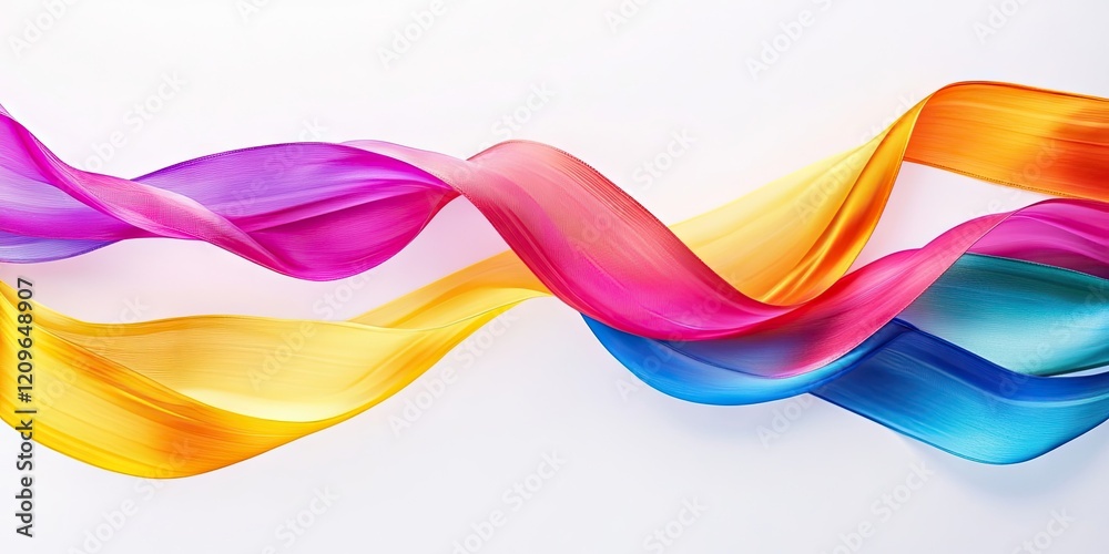 Fototapeta premium Colorful flowing ribbons in shades of pink, purple, yellow, and blue on a clean white background, creating a dynamic and vibrant composition.