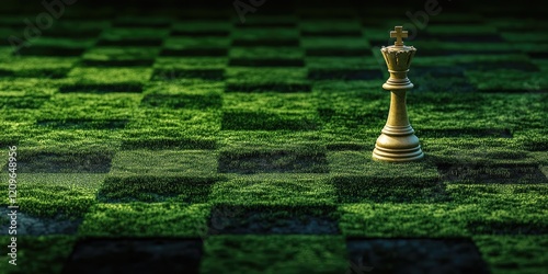 Gold chess king positioned centrally on a vibrant green checkerboard grass background with ample copy space highlighting leadership and strategy
